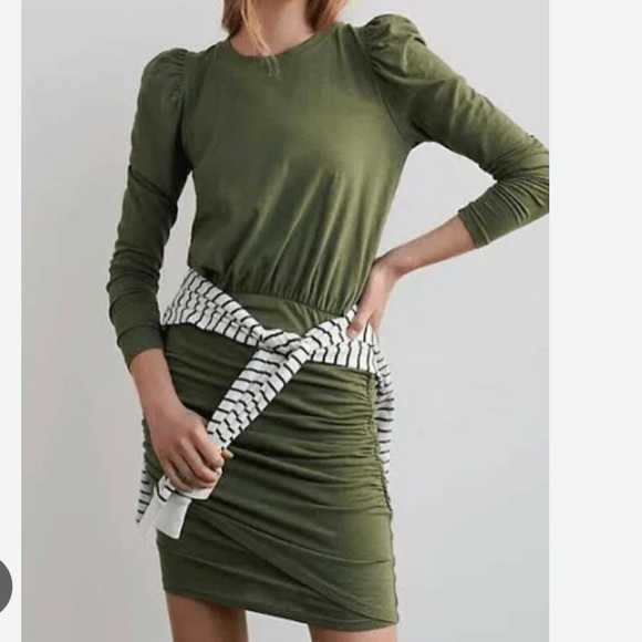 Anthropologie Sundry Shirred Green Long Sleeve Dress - Picture 2 of 12